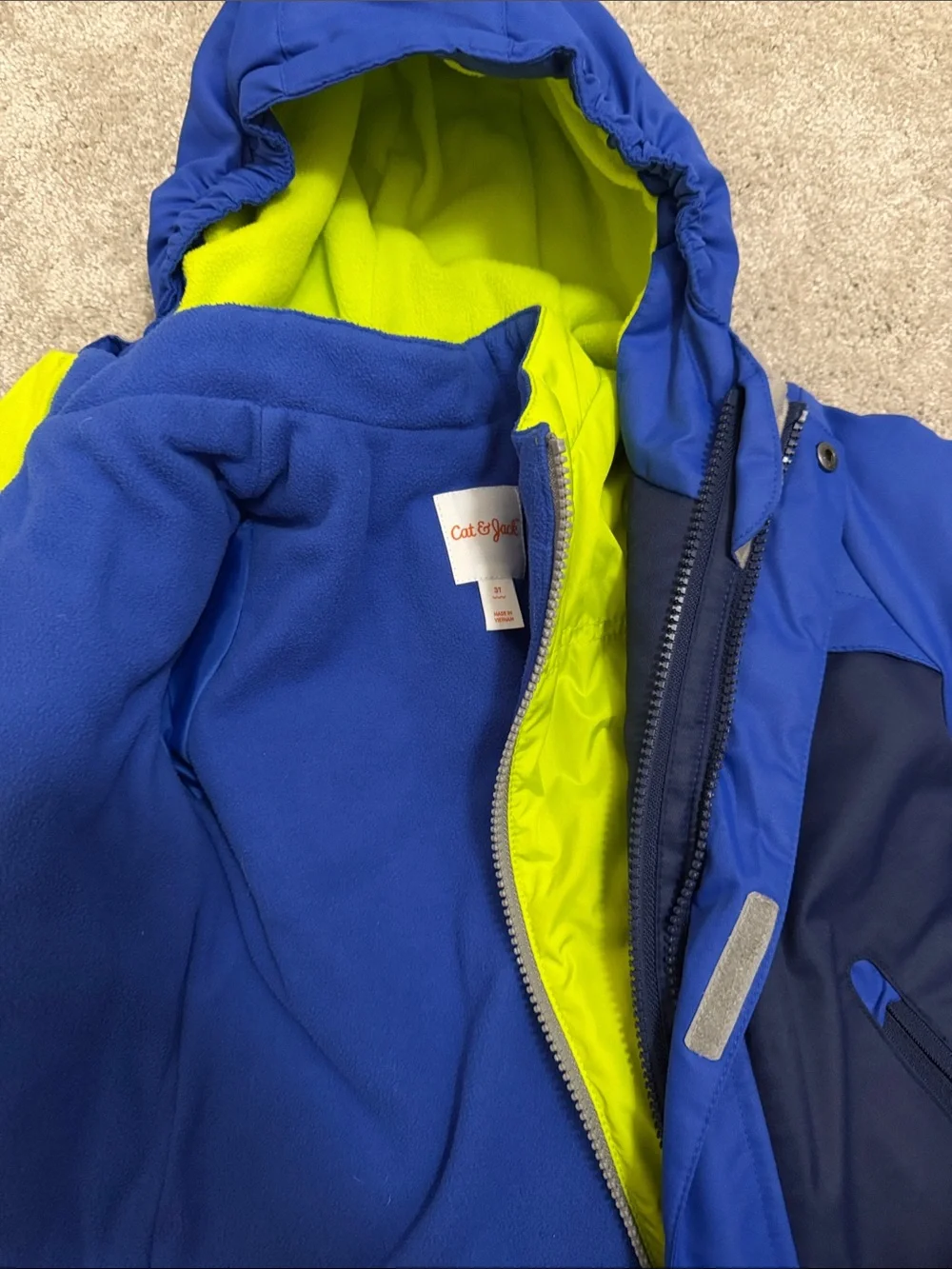 Cat & Jack Blue Two-Tone 2 in 1 Hooded Puffer with Lime Lining Winter Coat
